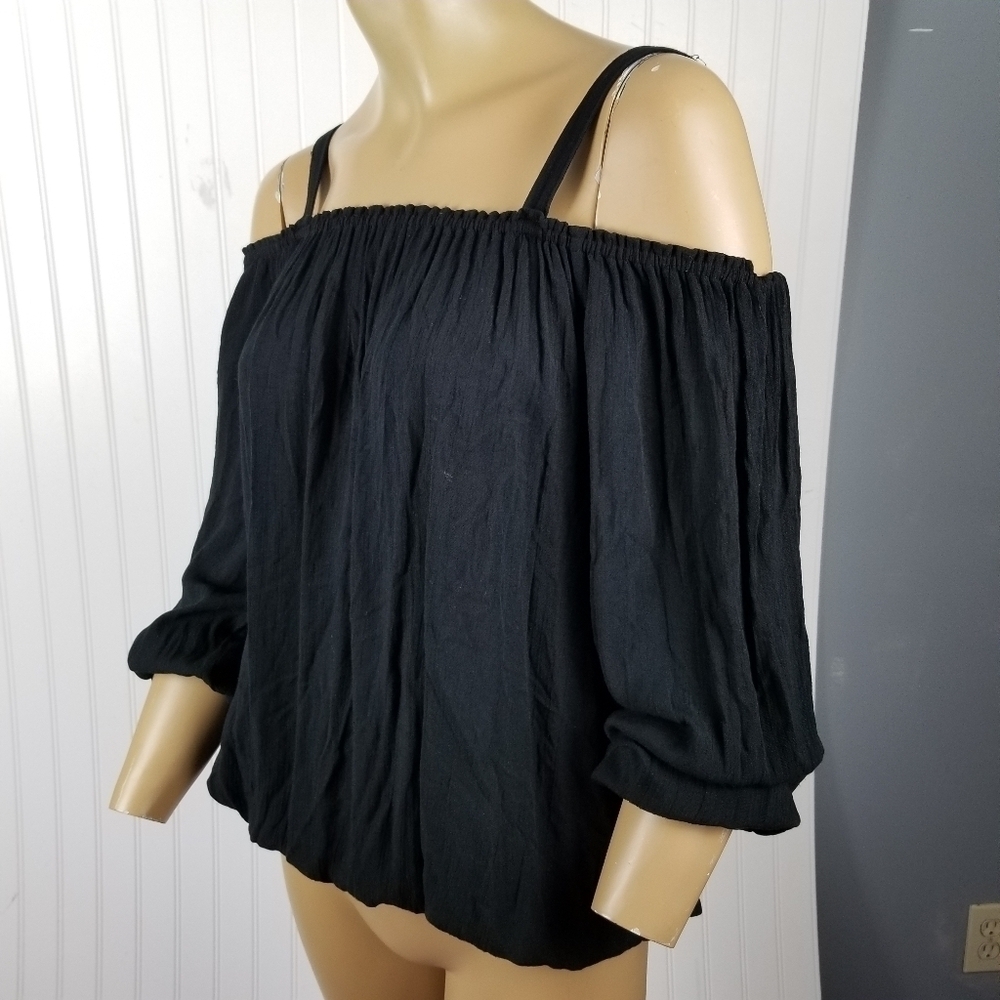 Sanctuary Off Shoulder Balloon Sleeve Top Blouse Womens Small Boho Peasant Black - Picture 2 of 9